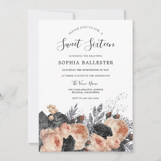 Blush Peach & Black Flowers Elegant Sweet 16 Kaart (Voorkant)