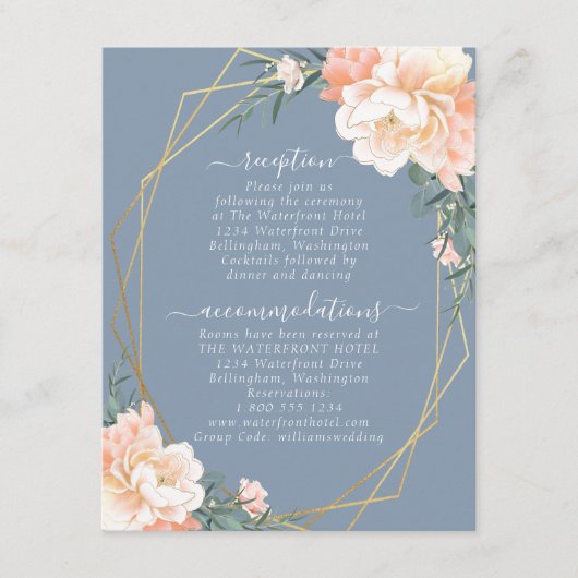 Blush Peach Bloemen Goud Stoffig Blauw Bruiloft De Informatiekaartje (Voorkant)