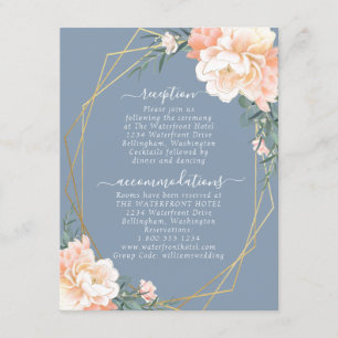 Blush Peach Bloemen Goud Stoffig Blauw Bruiloft De Informatiekaartje