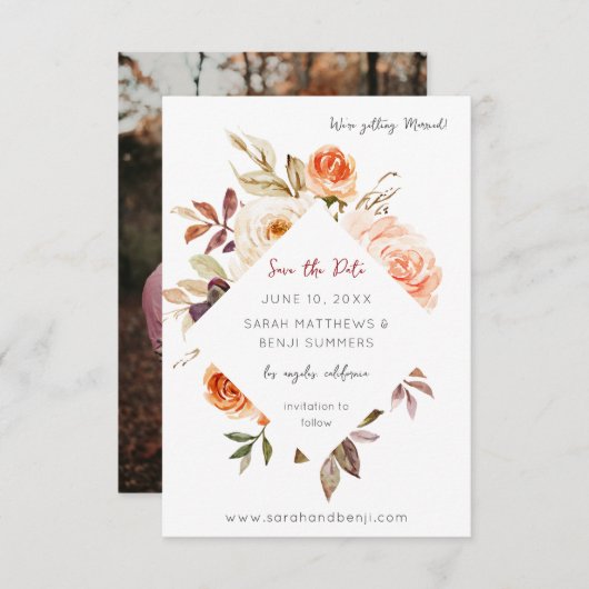 Blush & Peach Bloemen Rustiek & Verticaal Foto Save The Date (Voorkant / Achterkant)