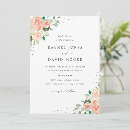 Blush Peach Bloemen Waterverf Confetti bruiloft Kaart (Staand voorkant)