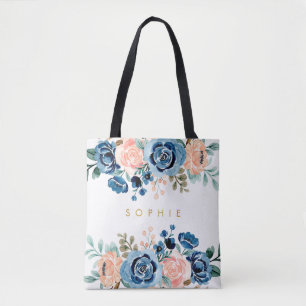 Blush Peach Blue Waterverf Floral Bouquets Name Tote Bag