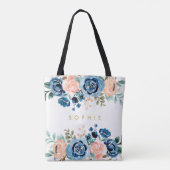 Blush Peach Blue Waterverf Floral Bouquets Name Tote Bag (Achterkant)