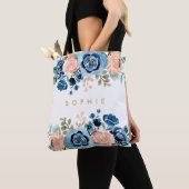 Blush Peach Blue Waterverf Floral Bouquets Name Tote Bag (Dichtbij)