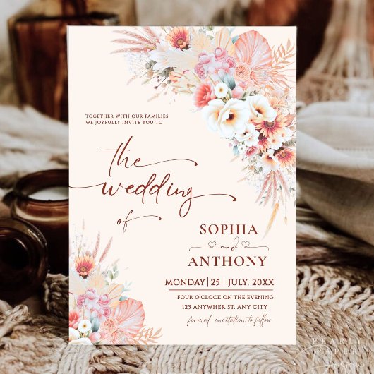 Blush Peach Boho Floral Wedding Kaart