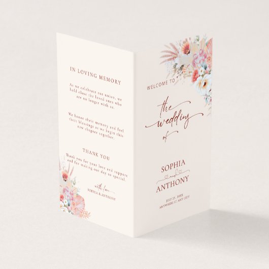 Blush Peach Boho Floral Wedding Program Kaart (Buitenkant)