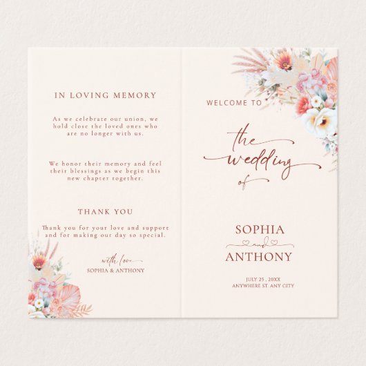 Blush Peach Boho Floral Wedding Program Kaart (Buitenkant ongevouwen)