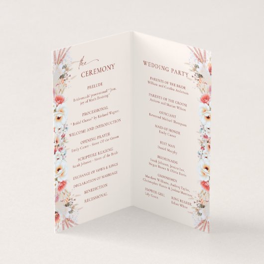 Blush Peach Boho Floral Wedding Program Kaart (Binnen)