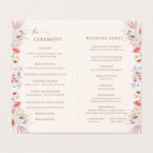 Blush Peach Boho Floral Wedding Program Kaart (Binnenkant ongevouwen)