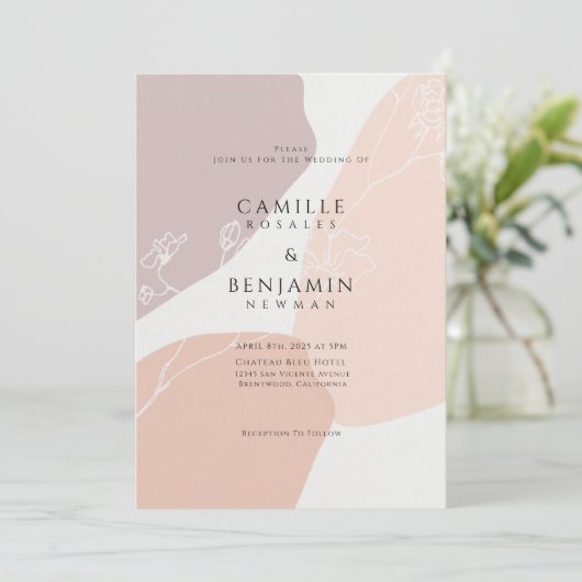 Blush Peach Botanical Simple Weduwen Uitnodiging (Staand voorkant)