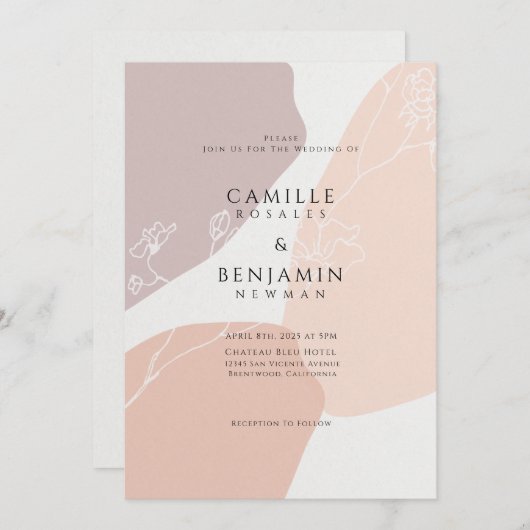 Blush Peach Botanical Simple Weduwen Uitnodiging (Voorkant / Achterkant)