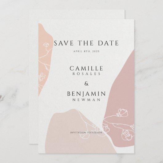 Blush Peach Botanische Bloemen Eenvoudig Save The Date (Voorkant / Achterkant)