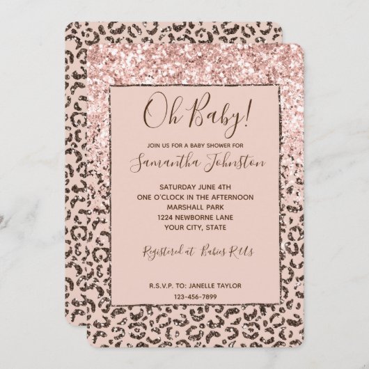 Blush Peach Brown Leopard Glitter Baby shower Kaart (Voorkant / Achterkant)