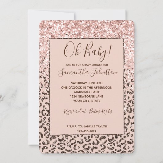 Blush Peach Brown Leopard Glitter Baby shower Kaart (Voorkant)