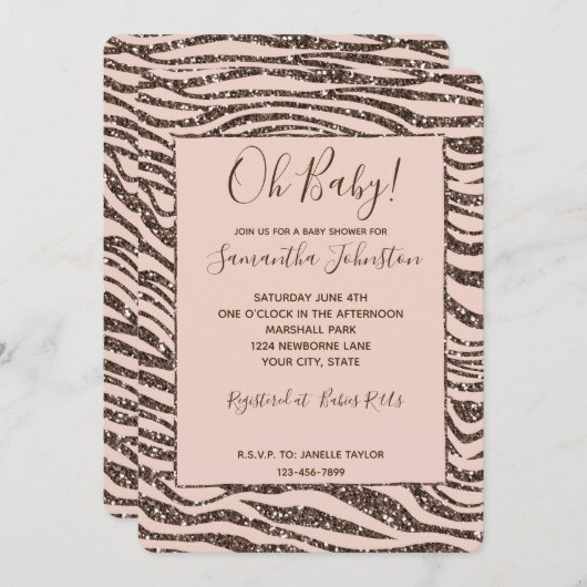 Blush Peach Brown Zebra Glitter Baby shower Kaart (Voorkant / Achterkant)