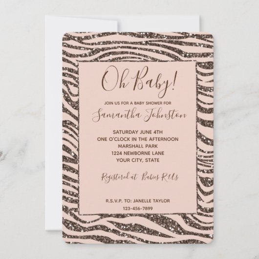 Blush Peach Brown Zebra Glitter Baby shower Kaart (Voorkant)