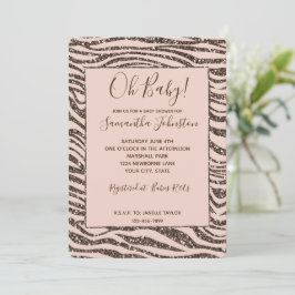Blush Peach Brown Zebra Glitter Baby shower Kaart