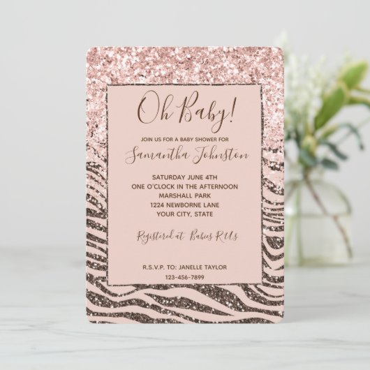 Blush Peach Brown Zebra Glitter Baby shower Kaart (Staand voorkant)