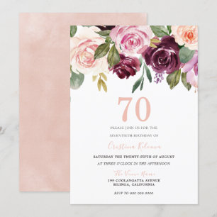 Blush Peach & Burgundy Flowers 70th Birthday Party Kaart