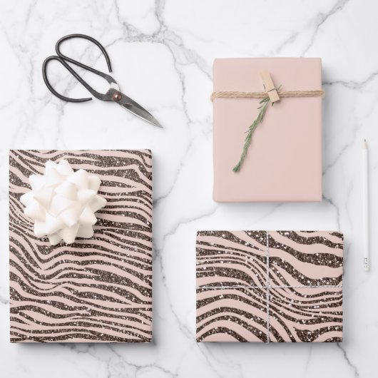 Blush Peach Chocolade Bruin Zebra Glitter Inpakpapier Vel (Voorkant)