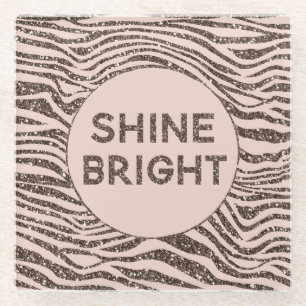 Blush Peach Chocolate Brown Zebra Glitter Shine Glazen Onderzetter