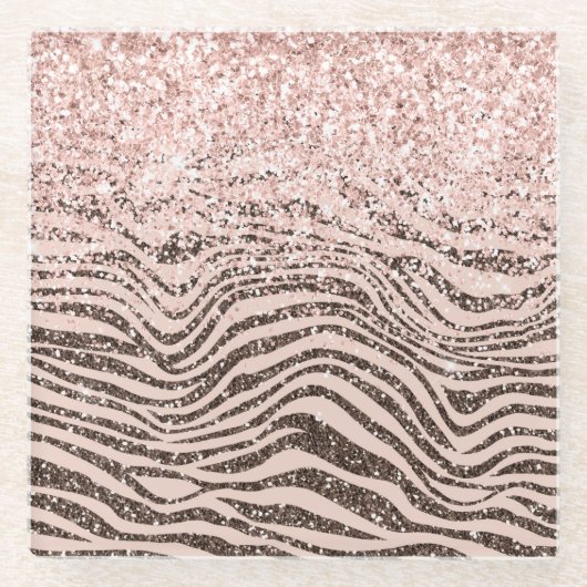 Blush Peach Chocolate Brown Zebra Print Glitter    Glazen Onderzetter (Voorkant)