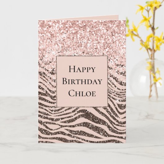 Blush Peach Chocolate Brown Zebra Print Glitter Kaart (Gele Bloem)