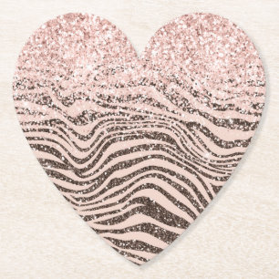 Blush Peach Chocolate Brown Zebra Print Glitter Kartonnen Onderzetters