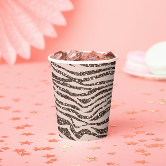 Blush Peach Chocolate Brown Zebra Print Glitter Papieren Bekers (Insitu)