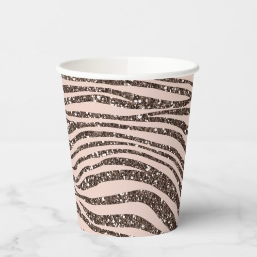 Blush Peach Chocolate Brown Zebra Print Glitter Papieren Bekers (Links)
