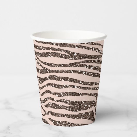 Blush Peach Chocolate Brown Zebra Print Glitter Papieren Bekers (Rechts)