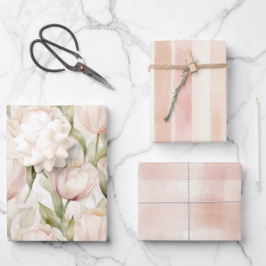 Blush Peach Cream Tulips Flowers Inpakpapier Vel (Voorkant)