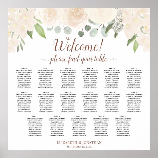 Blush Peach Floral 17 Table Wedding Seating Chart Poster (Voorkant)