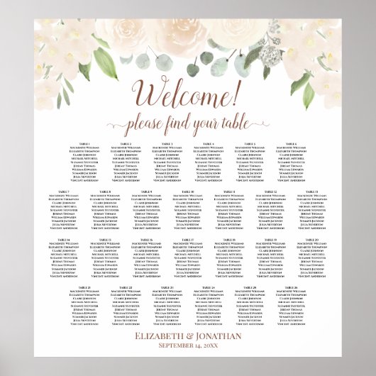 Blush Peach Floral 26 Table Wedding Seating Chart Poster (Voorkant)