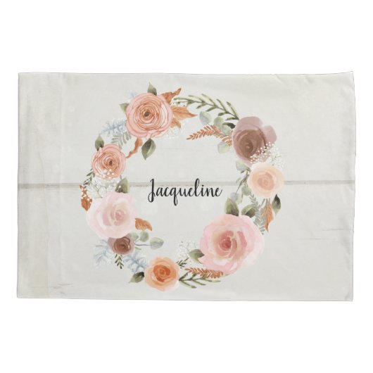 Blush Peach Floral BOHO krans rustiek hout meisje Kussensloop (Achterkant)