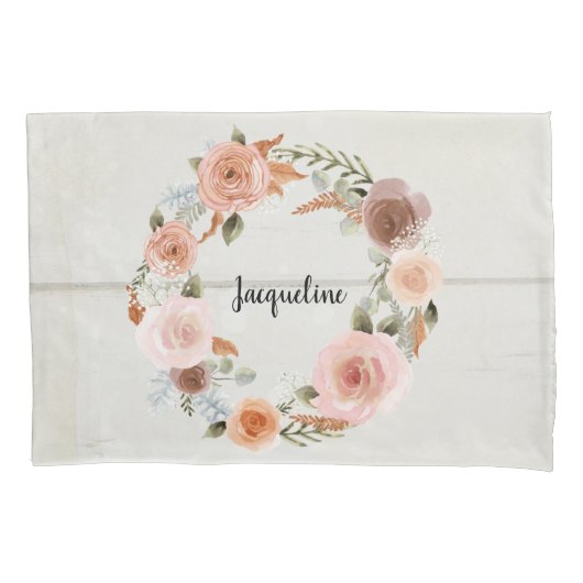 Blush Peach Floral BOHO krans rustiek hout meisje Kussensloop (Voorkant)