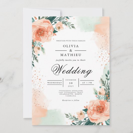 Blush Peach Floral Elegance bruiloft Kaart (Voorkant)