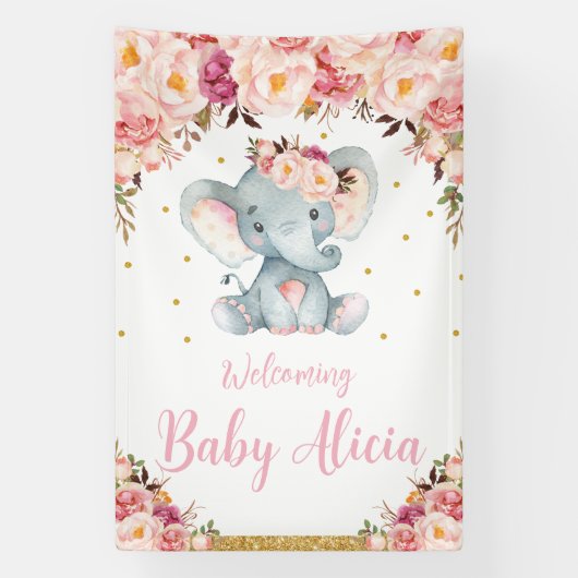 Blush Peach Floral Elephant Baby shower Welkom Spandoek (Verticaal)