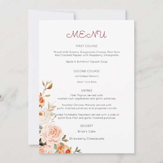 Blush & Peach Floral Entree Menu Kaart (Voorkant)