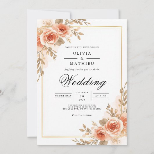 Blush Peach Floral Frame Wedding Kaart (Voorkant)