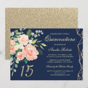Blush Peach Floral Gold Glitter Navy Quinceanera Kaart