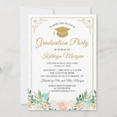 Blush Peach Floral Gold Glitter Photo Afstuderen Kaart (Voorkant)