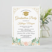 Blush Peach Floral Gold Glitter Photo Afstuderen Kaart (Staand voorkant)