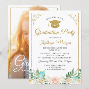 Blush Peach Floral Gold Glitter Photo Afstuderen Kaart