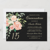 Blush Peach Floral Gold Glitter Quinceanera Kaart (Voorkant)