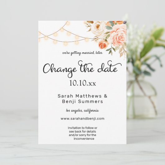 Blush & Peach Floral & Lichten wijzigen Datum Kaart (Staand voorkant)