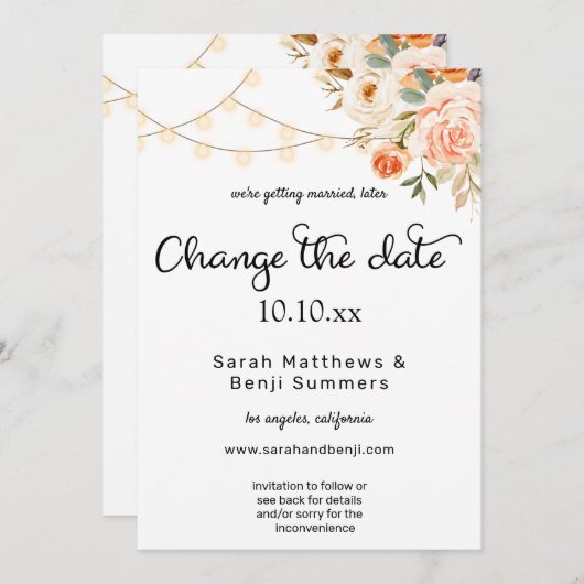 Blush & Peach Floral & Lichten wijzigen Datum Kaart (Voorkant / Achterkant)