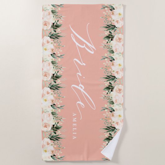 Blush peach floral + op maat gesneden bruiloft strandlaken (Voorkant)