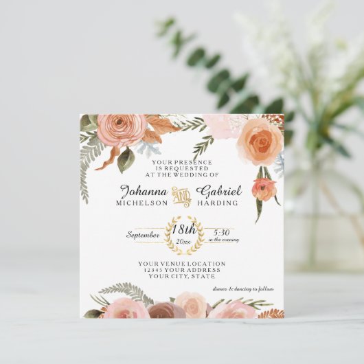 Blush Peach Floral Peony Waterverf Leaf Foliage Kaart (Staand voorkant)