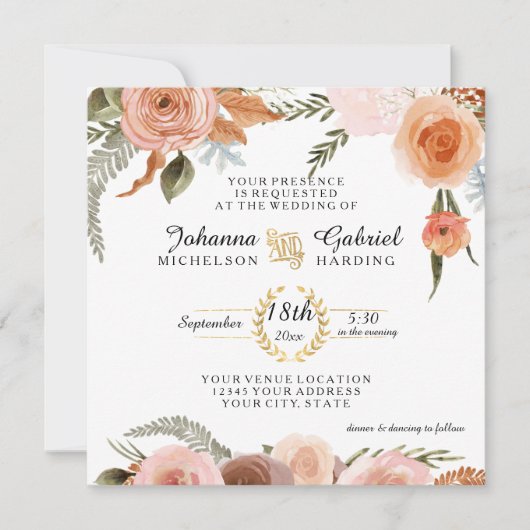 Blush Peach Floral Peony Waterverf Leaf Foliage Kaart (Voorkant)